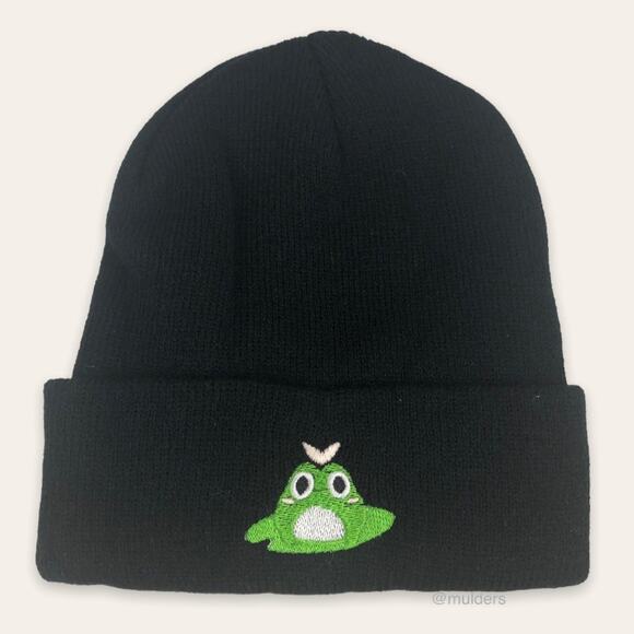 Unisex Black Ribbed Knit Cuffed Beanie Embroidered Green Frog Embroidery - Picture 1 of 6